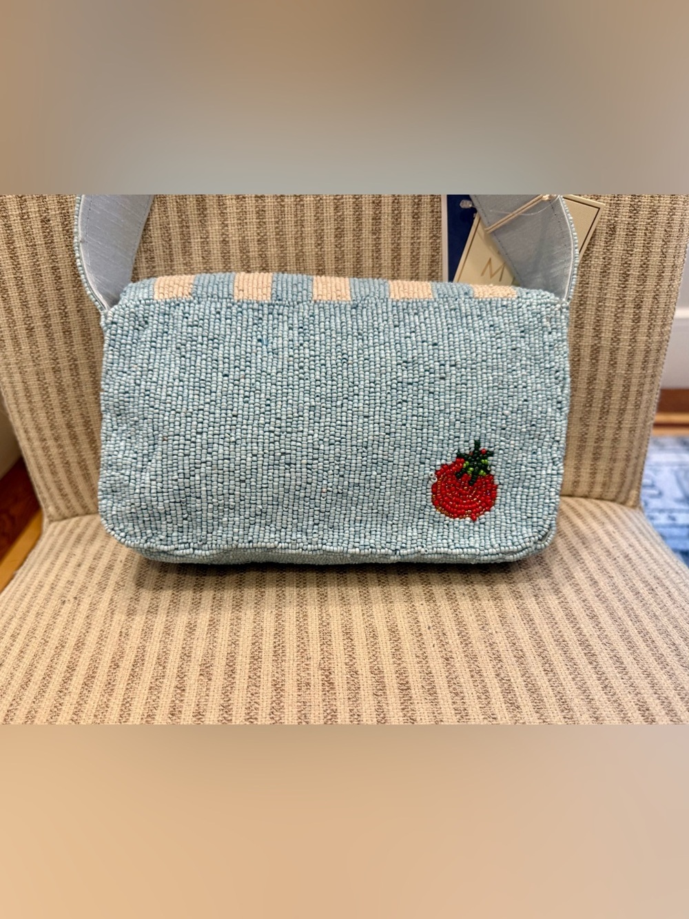 New Release Sol & Mer Beaded Bag Pasta Bowl & Fork in Light Blue and Cream - Picture 3 of 5